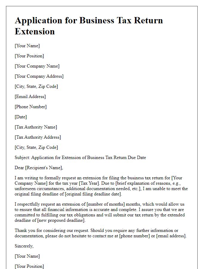 Letter template of application for business tax return extension