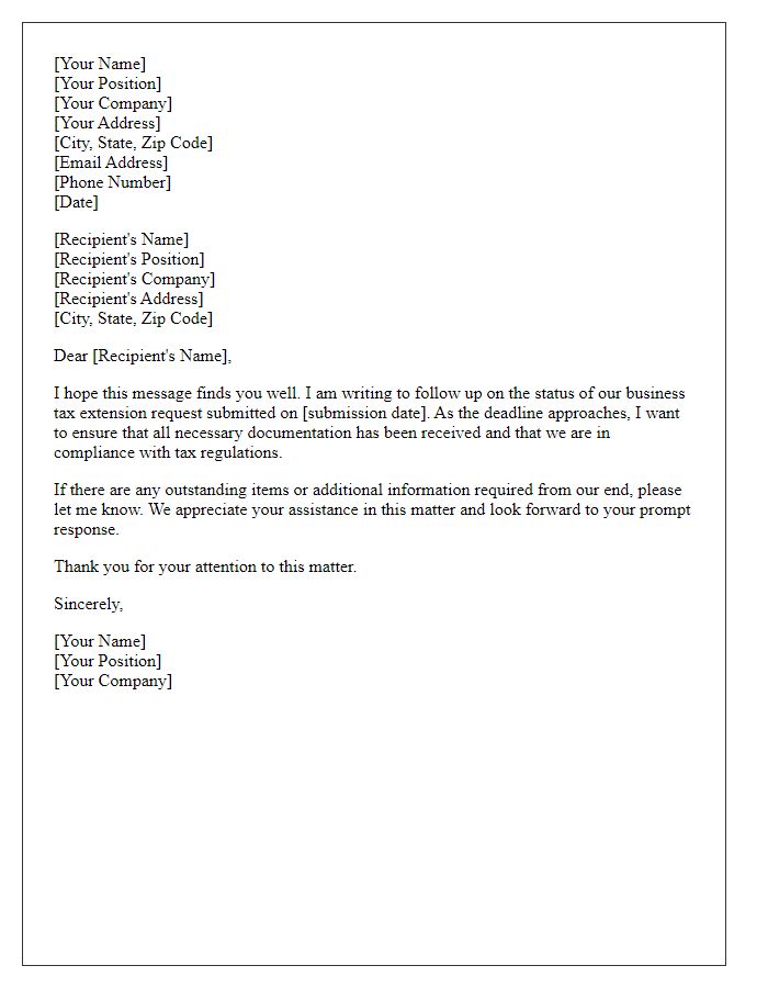 Letter template of follow-up on business tax extension status