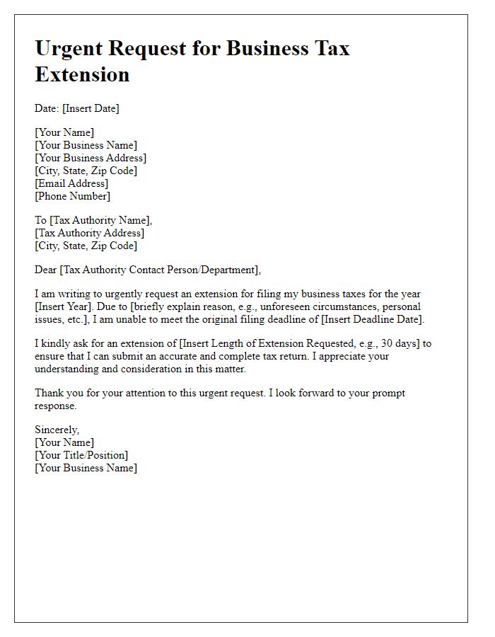 Letter template of urgent request for business tax extension