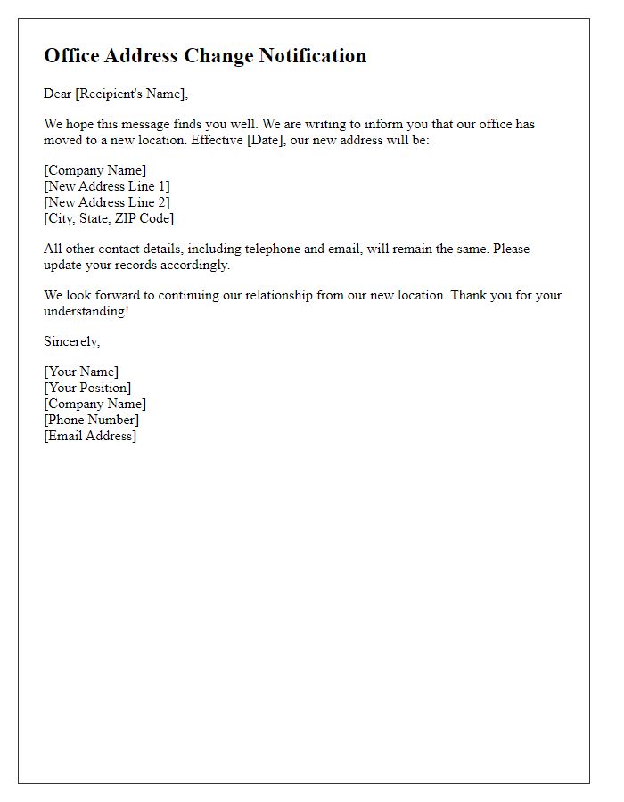 Letter template of office address change notification