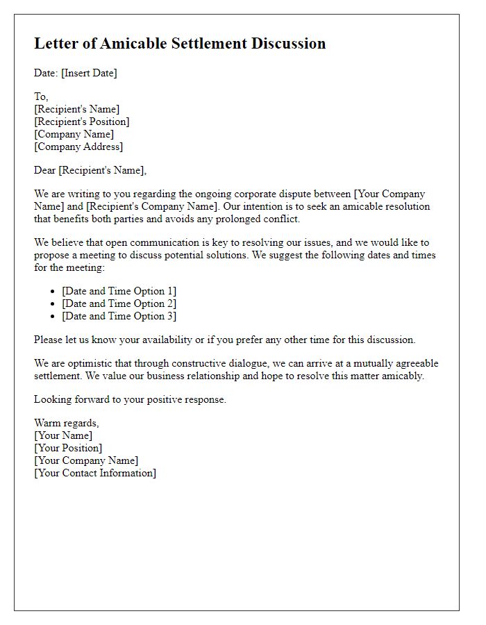 Letter template of amicable settlement discussion for corporate dispute