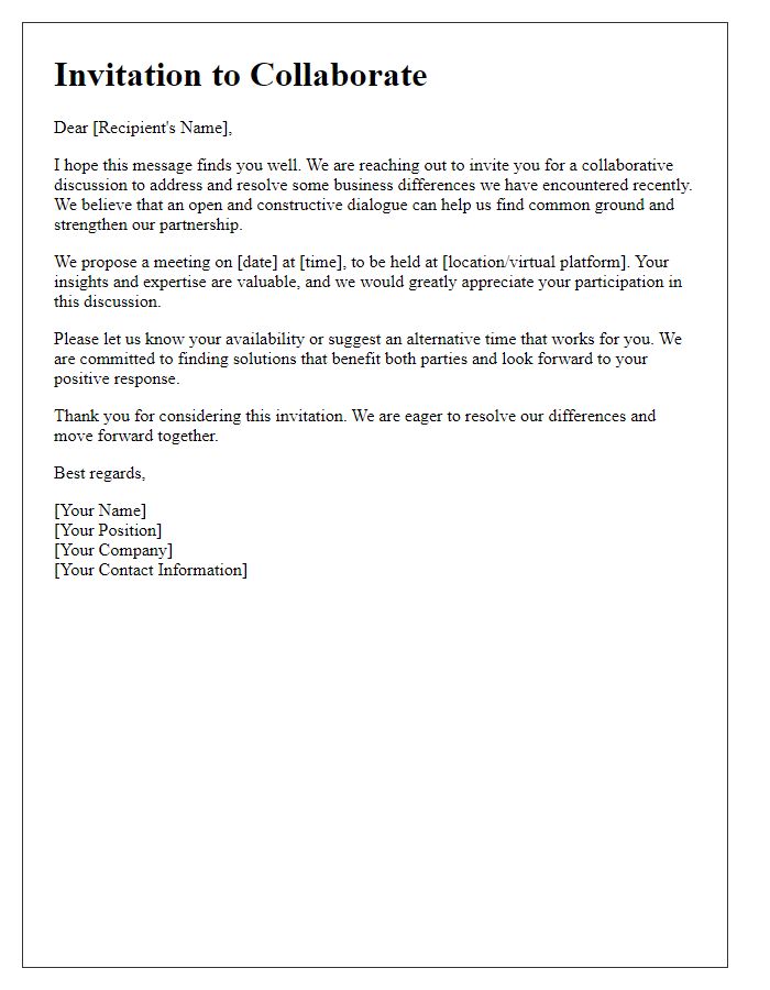 Letter template of collaboration invitation to resolve business differences