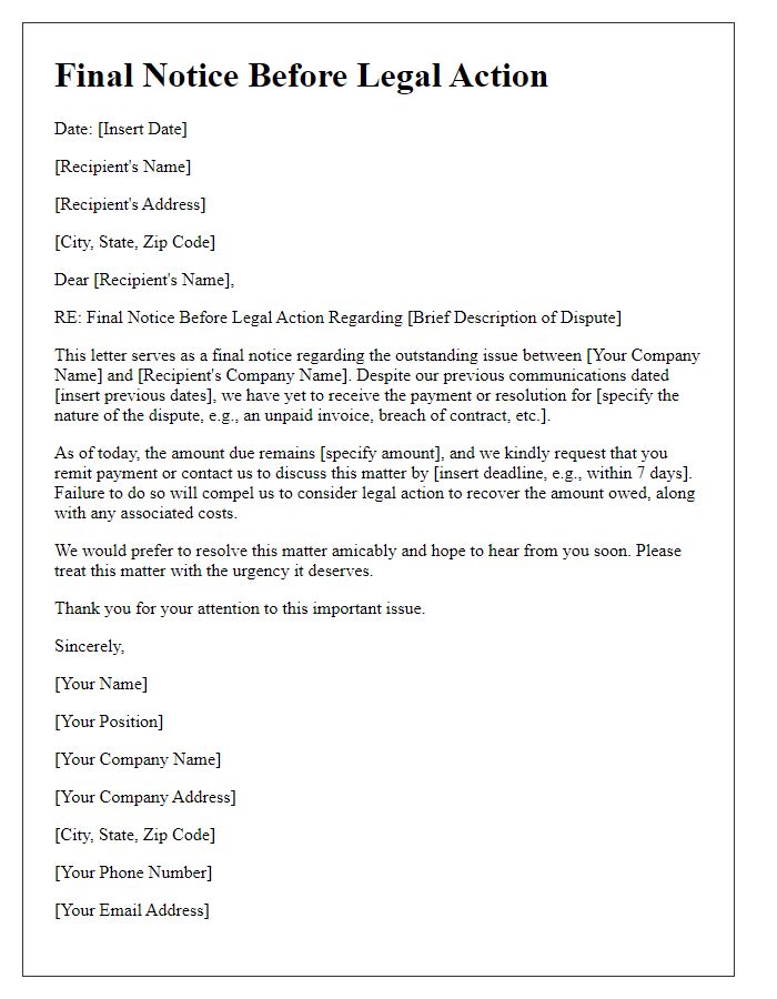 Letter template of final notice before legal action in business dispute