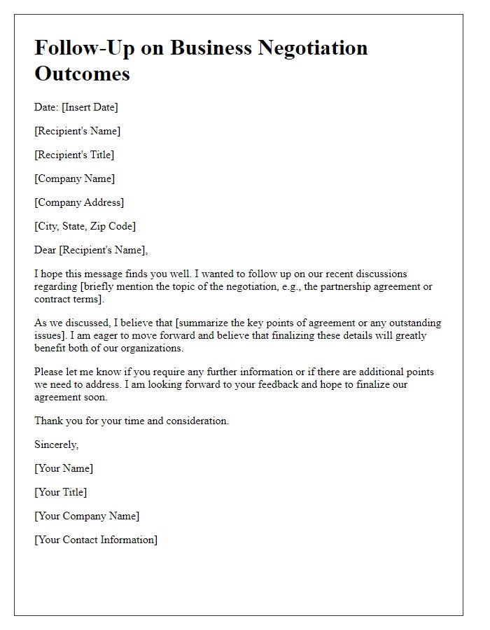 Letter template of follow-up on business negotiation outcomes