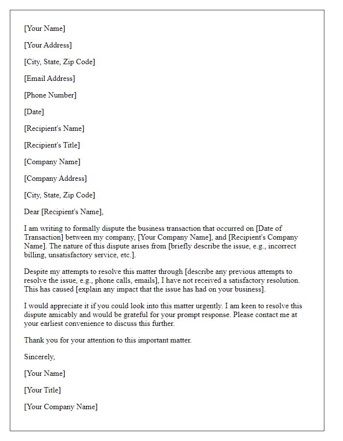 Letter template of formal complaint regarding business dispute