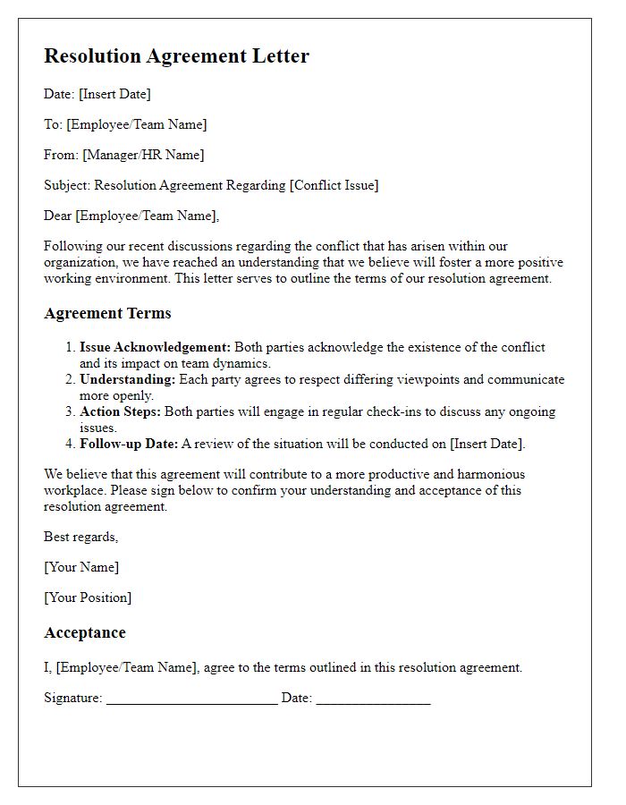 Letter template of resolution agreement for organizational conflict