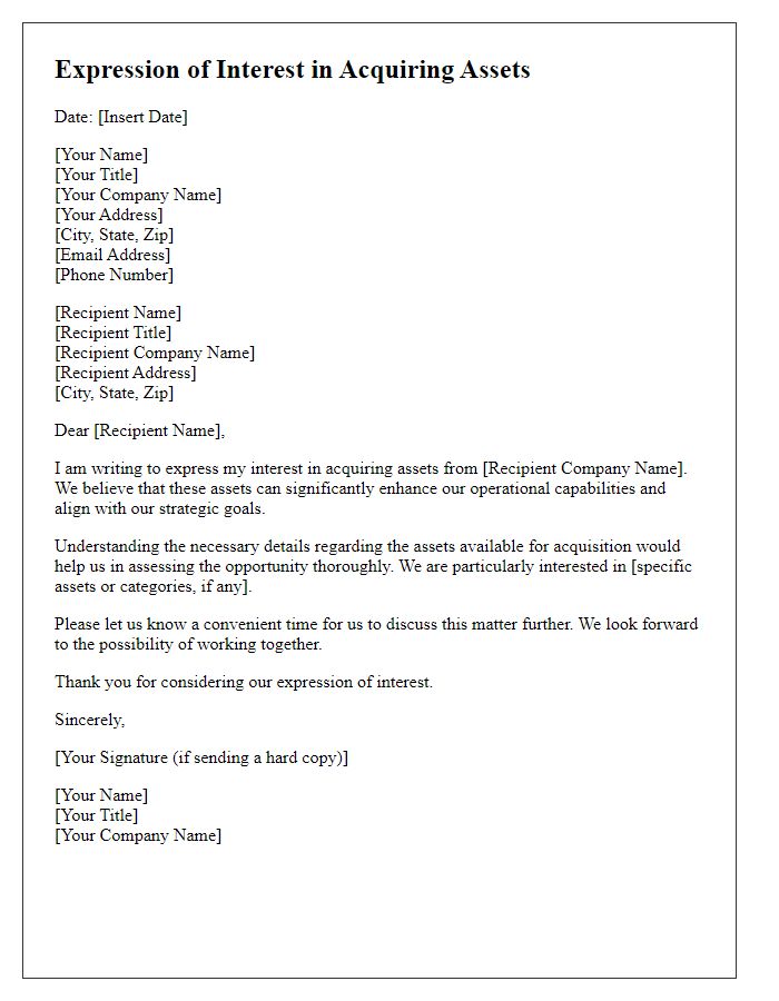 Letter template of expression of interest in acquiring assets