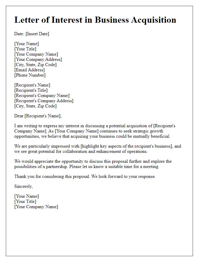 Letter template of interest in business acquisition proposal