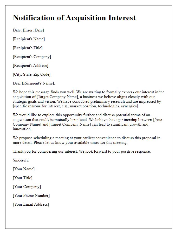 Letter template of notification for acquisition interest in specific business