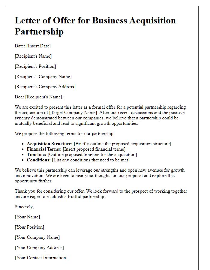 Letter template of offer for potential business acquisition partnership