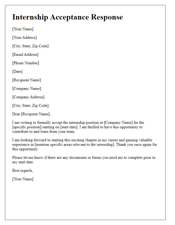 Letter template of internship position acceptance response