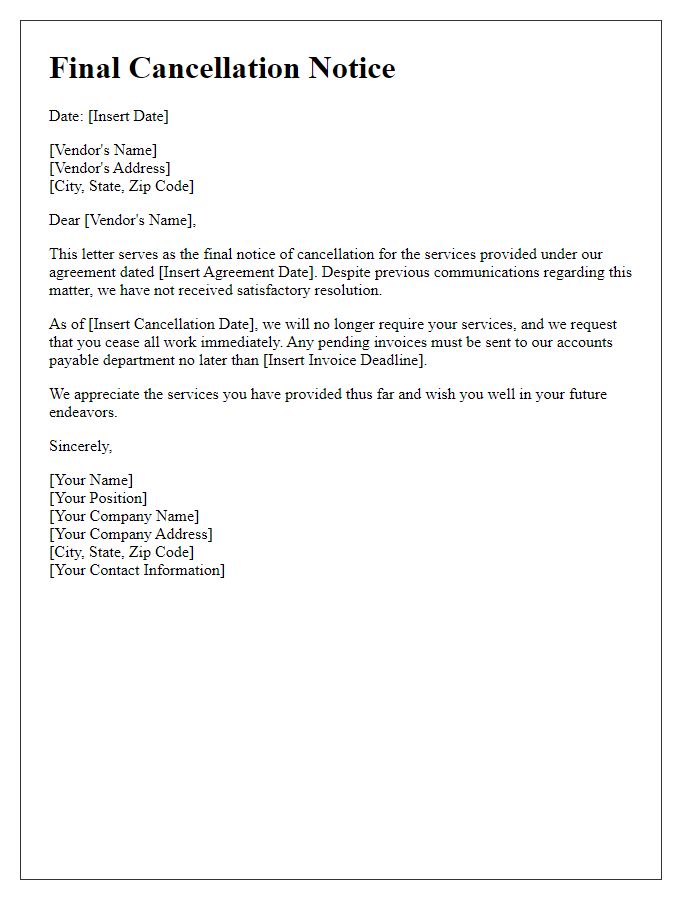 Letter template of final cancellation notice for vendor services