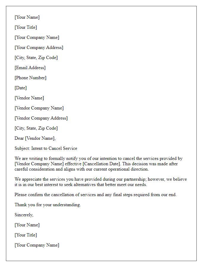 Letter template of intent to cancel vendor service