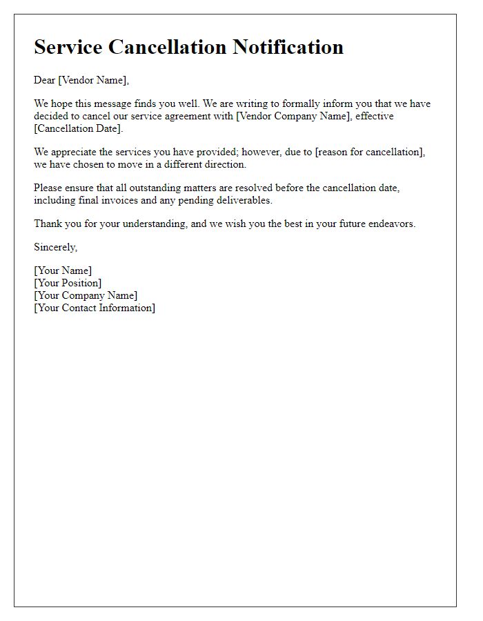 Letter template of service cancellation alert for vendor