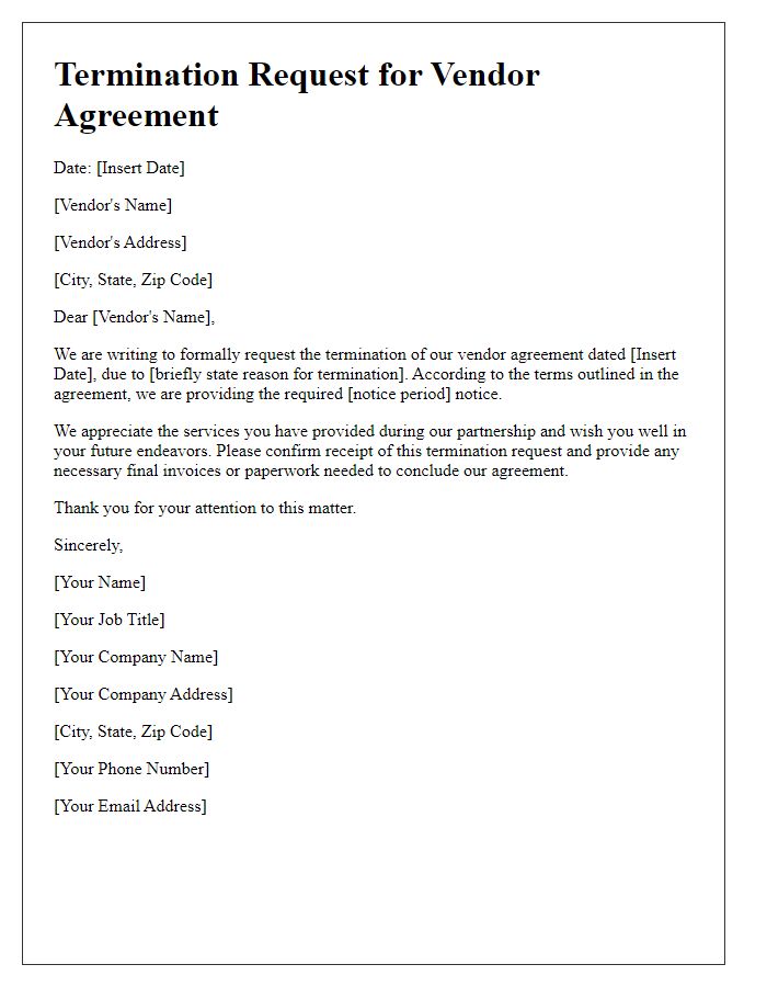 Letter template of termination request for vendor agreement