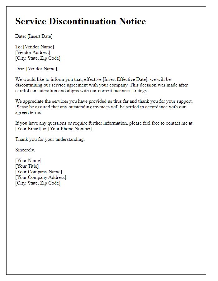 Letter template of vendor service discontinuation