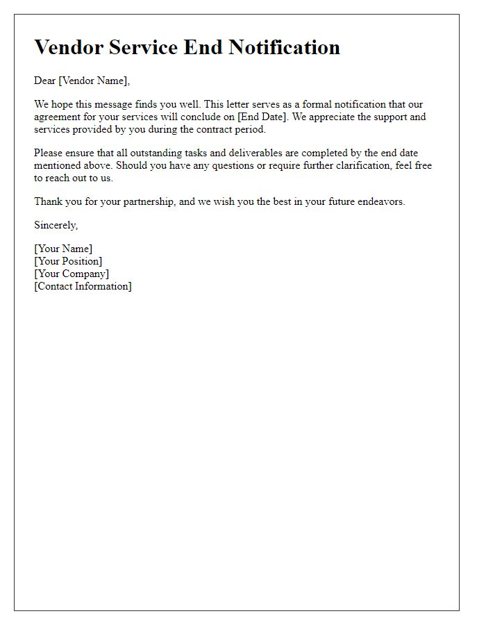 Letter template of vendor service end notification