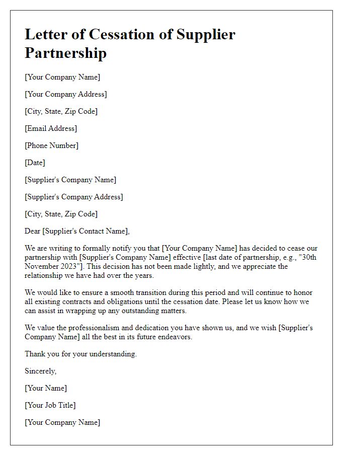 Letter template of cessation of supplier partnership