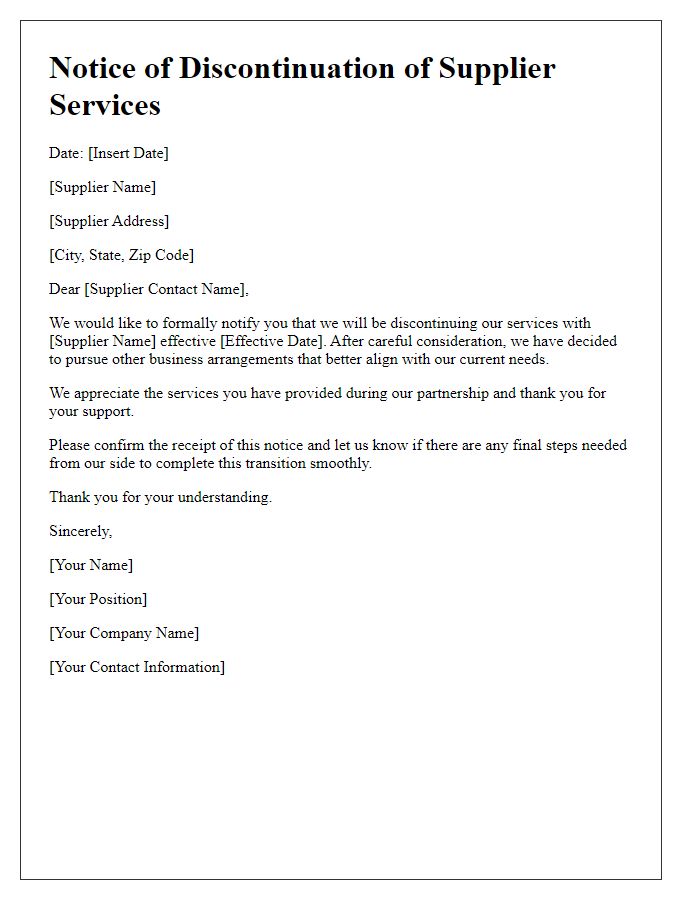 Letter template of notice to discontinue supplier services