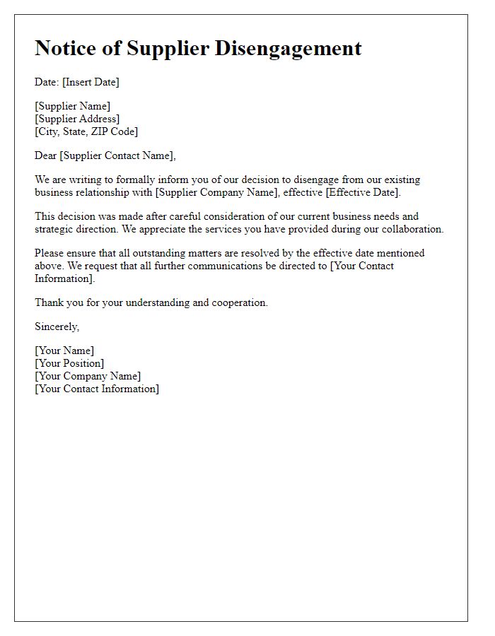 Letter template of notice for supplier disengagement