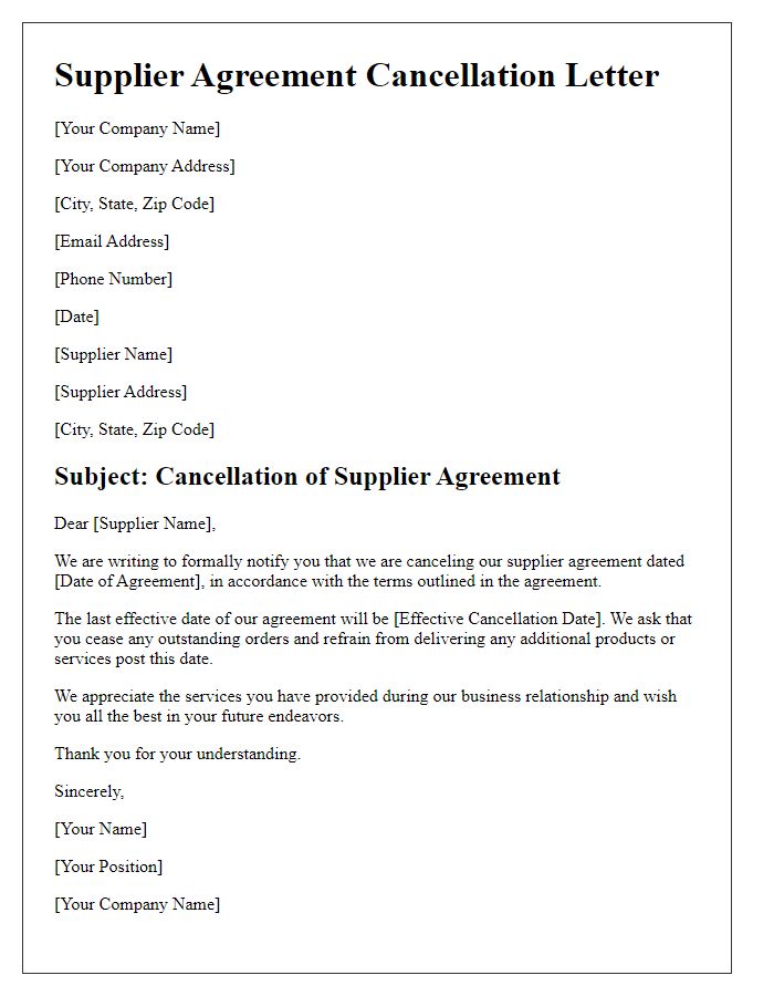 Letter template of supplier agreement cancellation