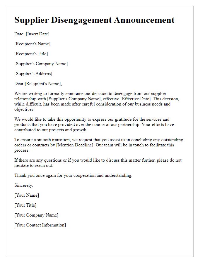 Letter template of supplier disengagement announcement