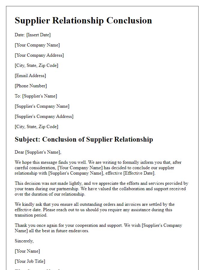 Letter template of supplier relationship conclusion