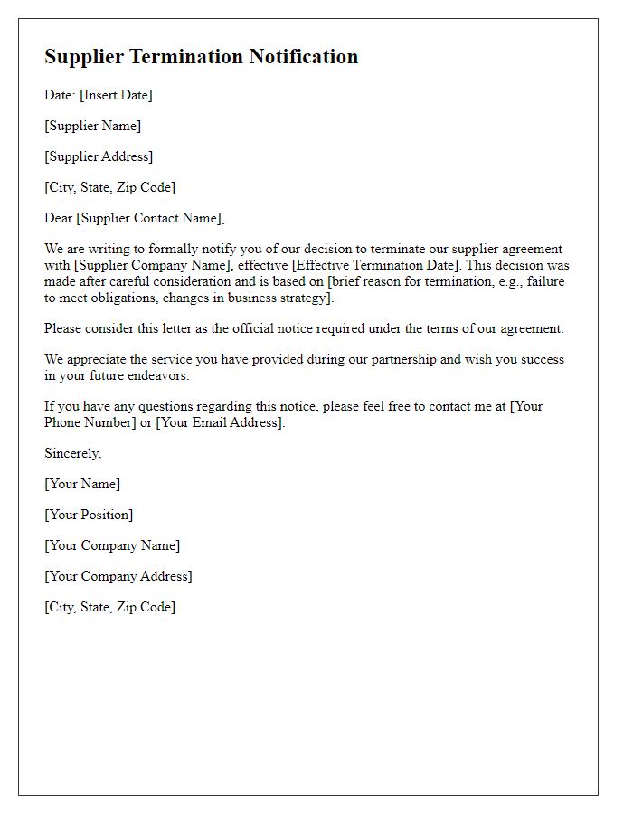 Letter template of supplier termination communication