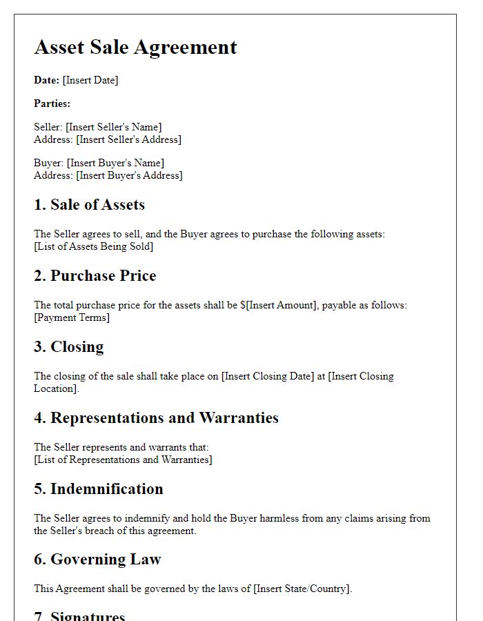 Letter template of asset sale agreement for businesses.