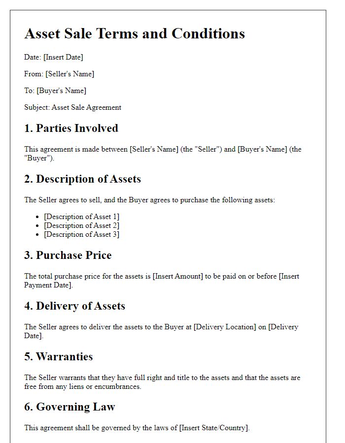 Letter template of asset sale terms and conditions.