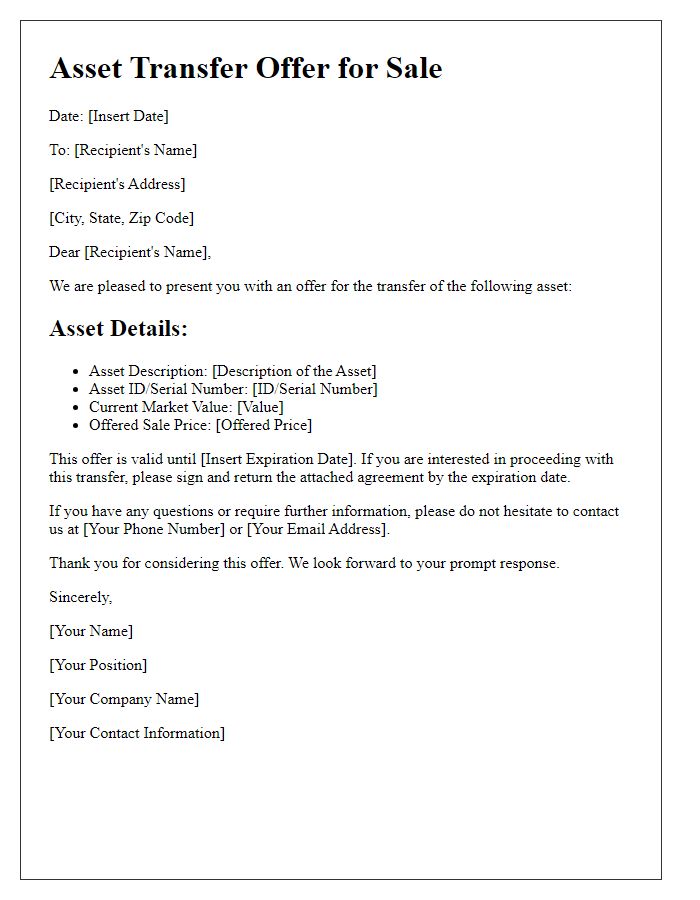 Letter template of asset transfer offer for sale.