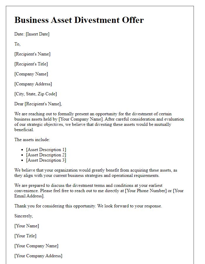 Letter template of business asset divestment offer.