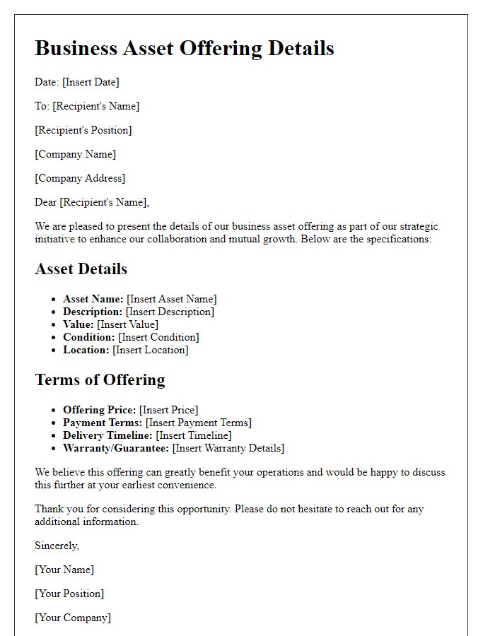 Letter template of business asset offering details.