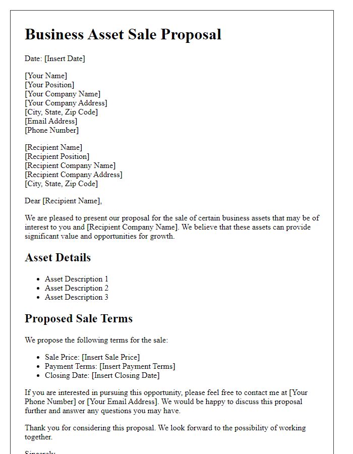 Letter template of business asset sale proposal.