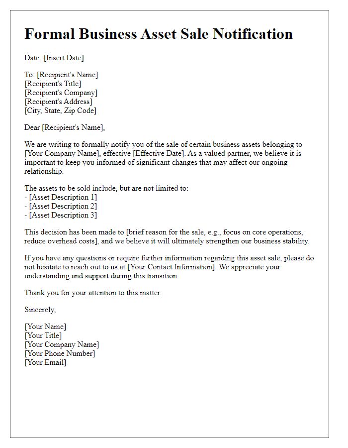 Letter template of formal business asset sale notification.