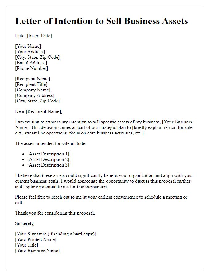 Letter template of intention to sell business assets.