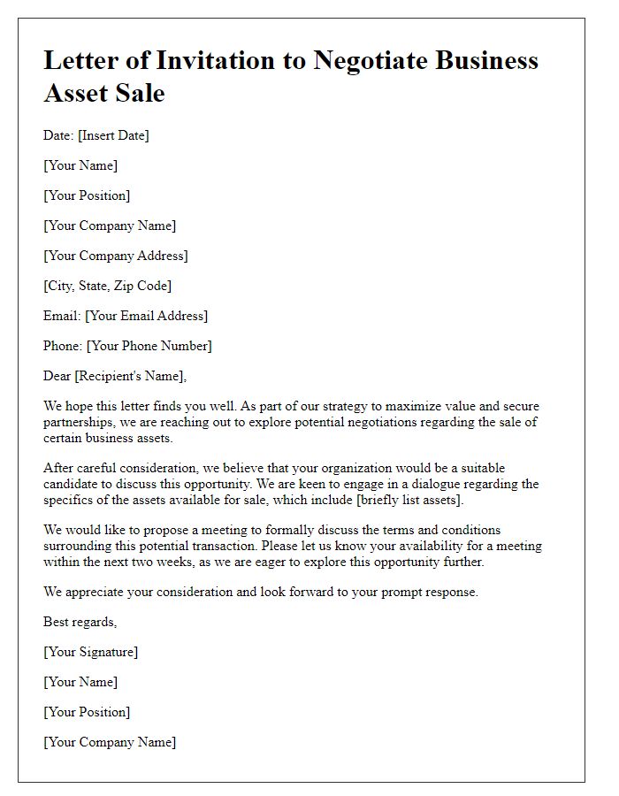 Letter template of invitation to negotiate business asset sale.