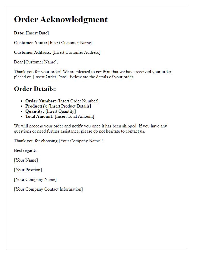 Letter template of Acknowledgment of Customer Order