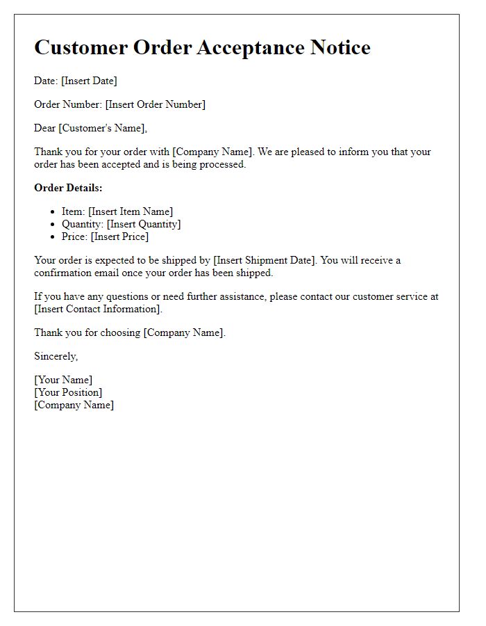 Letter template of Customer Order Acceptance Notice