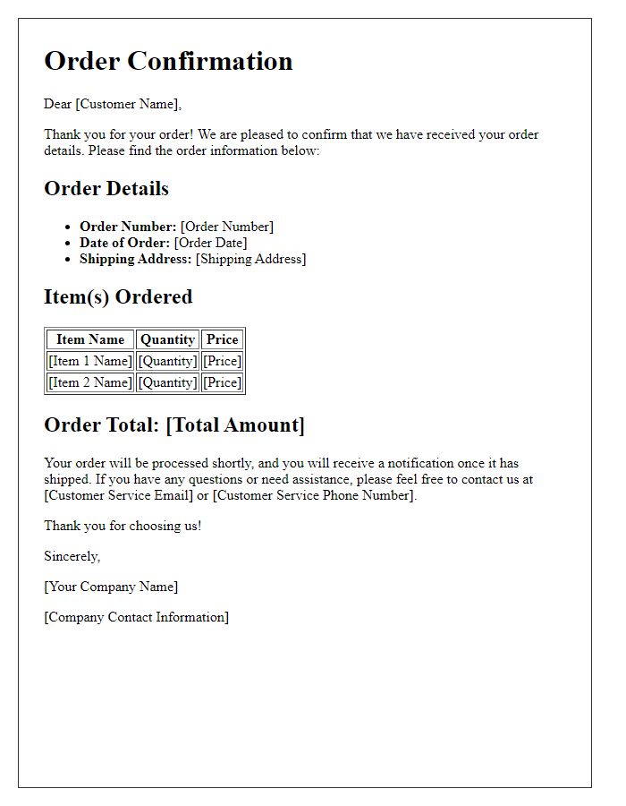 Letter template of Customer Order Details Confirmation