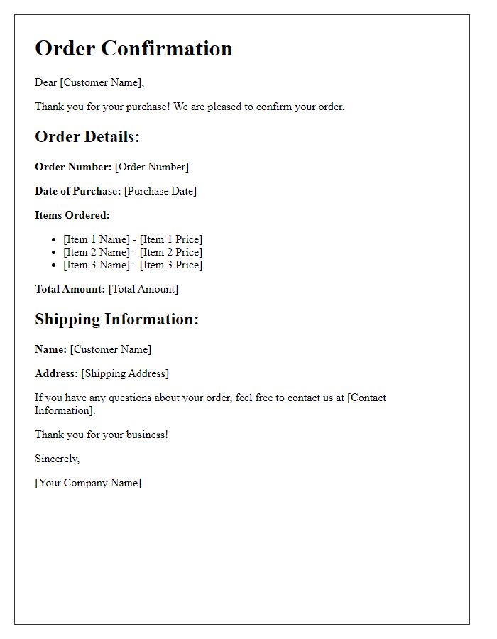 Letter template of Order Confirmation for Customer Purchase