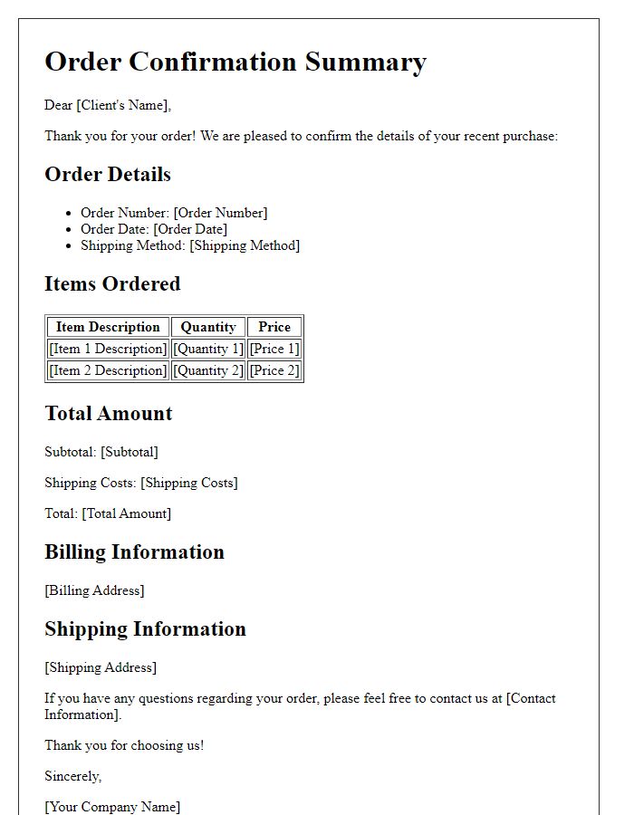 Letter template of Order Confirmation Summary for Clients