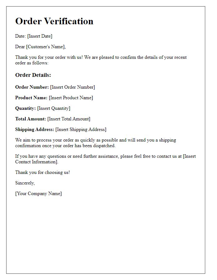 Letter template of Order Verification for Customer