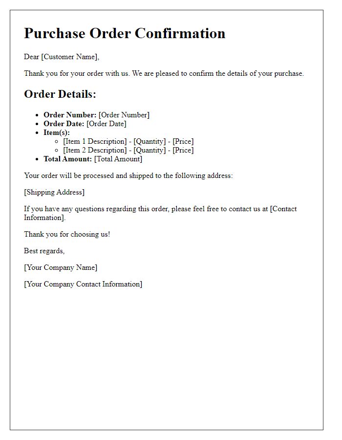 Letter template of Purchase Order Confirmation for Customers