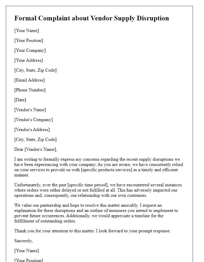 Letter template of formal complaint about vendor supply disruption.