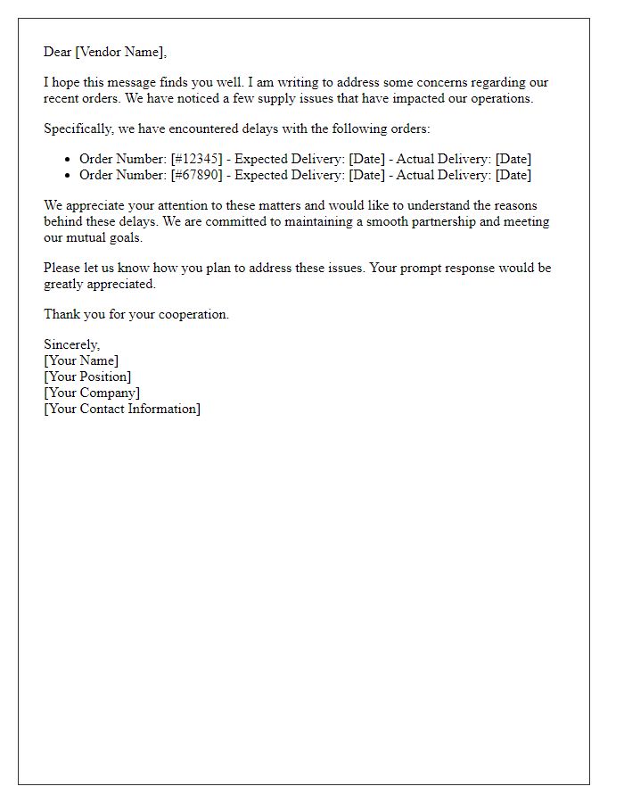 Letter template of inquiry regarding vendor supply issues.