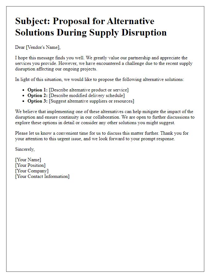 Letter template of negotiation for alternative solutions during vendor supply disruption.