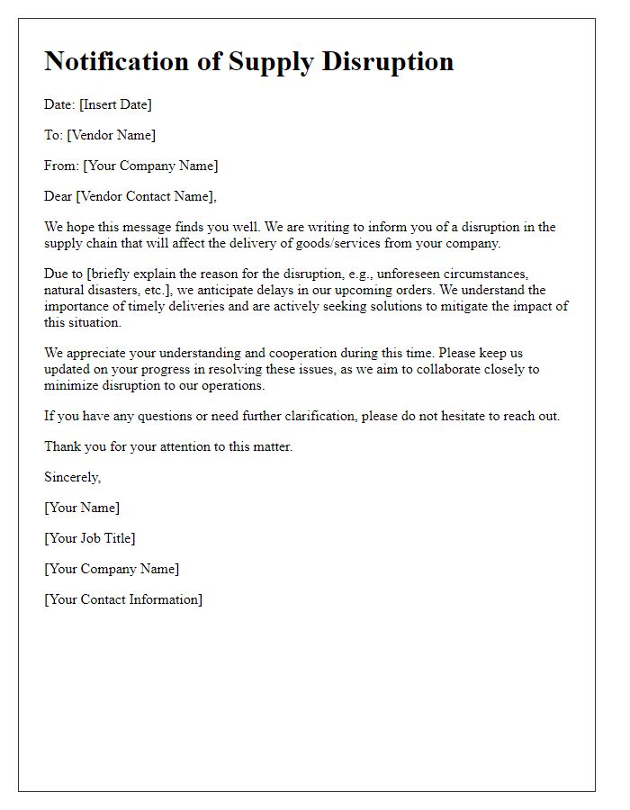 Letter template of notification for vendor supply disruption.