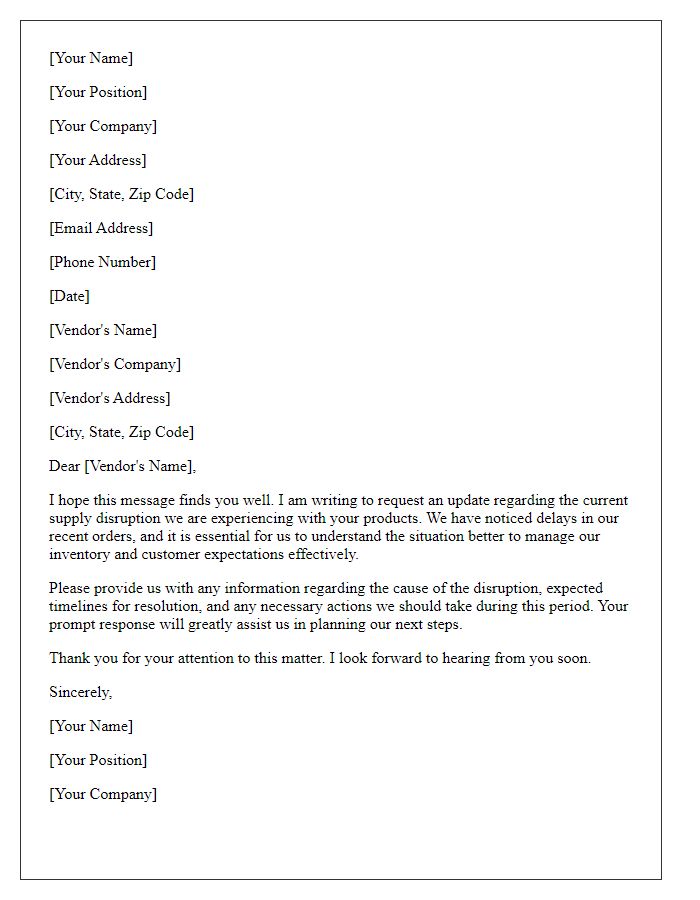 Letter template of request for updates on vendor supply disruption.