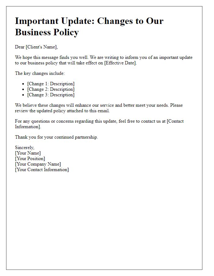 Letter template of business policy update for client notification.